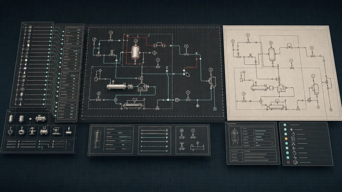 Prosessillustrasjon av et redigerbart teknisk diagram med shapes, koblinger og strukturerte shape data.