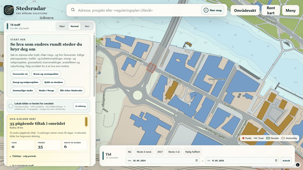 The actual Stedsradar application with a map, search results, time controls and an area summary.