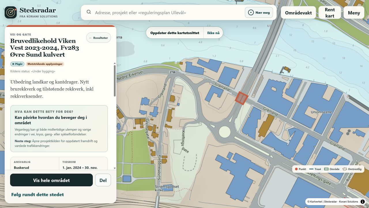 The actual Stedsradar application with the detail panel for a selected road project.