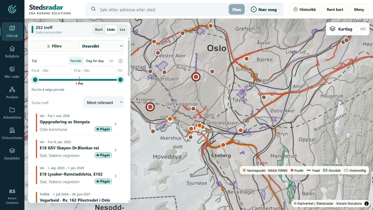 Stedsradar med Oslo-kart, kompakt treffliste og slider med fra/til-år inne i infovinduet.
